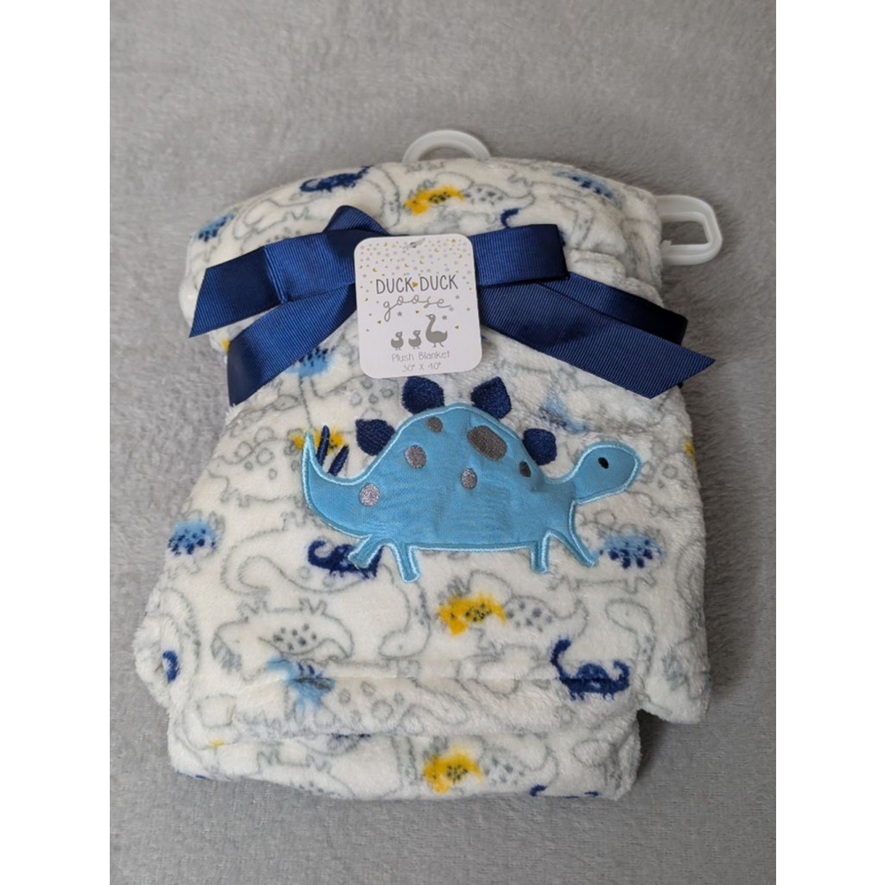 Duck Duck Goose Baby Blanket White Blue Dinosaur Plush One Size New